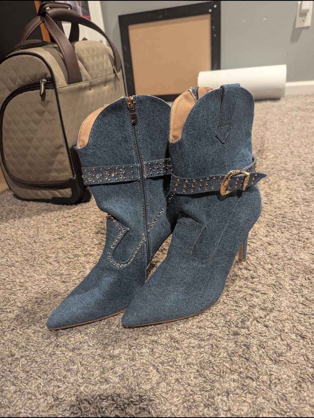 Denim Pointed-Toe Studded Western Ankle Boots